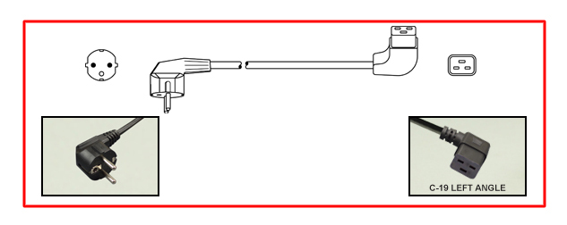 European Schuko down-angle plug to left-angle C-19 connector - European Schuko Power Cord