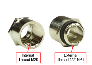 1/2 INCH NPT ADAPTER <font color="yellow">(**)</font>, BRASS, NICKEL PLATED WITH O-RING. <font color="yellow"> CONVERTS 1/2 INCH NPT THREAD TO M20 THREAD. </font> 

<br><font color="yellow">Notes: </font> 
<br><font color="yellow">*</font> Weatherproof Wall Boxes # 79425, # 79425-D, # 79430 with 1/2 Inch NPT Thread listed below.  
<BR><font color="yellow">**</font> For connection to 1/2 inch NPT threaded boxes or fittings with a 1/2 inch thread opening. <font color="yellow"> Note: Reverse gender adapter available # 01614.</font>
<BR><font color="yellow">*</font> 1/2 inch NPT threads with 1.5 pitch on external side and M20 threads on internal side of adapter. 
<br><font color="yellow">*</font> NPT is abbreviation for National Pipe Taper (National Pipe Thread) the United States standard for pipe fittings.
<br><font color="yellow">*</font> Availability: 466 in stock, $7.33 each.
<br><font color="yellow">*</font> Volume discounts available.
<br><font color="yellow">*</font> Contact sales office to purchase direct or buy on-line from Amazon.

