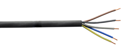 <font color="yellow">Cordage: H07RN-F (2.5mm²)</font>
<br>
EUROPEAN H07RN-F "HAR" VDE APPROVED CORDAGE, 5 CONDUCTOR 14AWG (2.5mm²), 450/750 VOLT, 60°C, NEOPRENE/RUBBER JACKET, RUBBER JACKETED CONDUCTORS (BLUE, BROWN, BLACK, GREY, GREEN/YELLOW), O.D. = 13.3-17.0mm, BLACK.

<BR> <font color="yellow"> Notes:</font>
<BR> <font color="yellow">*</font> Temp. range = -30°C to +60°C.  
<BR> <font color="yellow">*</font> Working voltage = 450/750 volts.
<BR> <font color="yellow">*</font> Flexing bending radius = 7.5 x Ø 
<BR> <font color="yellow">*</font> Additional cordage sizes listed below in related products. Scroll down to view.