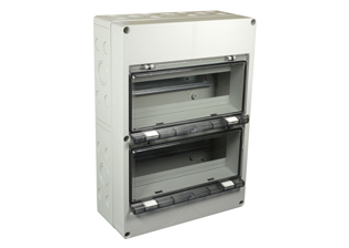EUROPEAN, UK, INTERNATIONAL WEATHERPROOF 24 MODULE SURFACE MOUNT IP54 RATED CIRCUIT BREAKER ENCLOSURE. ACCEPTS 35 mm DIN RAIL MOUNTED OVERLOAD & GFCI (RCD) BREAKERS, TEMP. RATING = -40°C TO +70°C. GRAY. CE MARK.

<br><font color="yellow">Notes: </font> 
<br><font color="yellow">*</font>IP65 rating available (use IP68 connectors listed on catalog page 210).

  
 