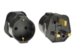 BRITISH, UNITED KINGDOM 13 AMPERE-250 VOLT PLUG ADAPTER, BS 1363 <font color="yellow"> TYPE G </font> PLUG (UK1-13P), 13 AMP FUSE (BS 1362), EUROPEAN CEE 7/3 SOCKET, SHUTTERED CONTACTS, 2 POLE-3 WIRE GROUNDING (2P+E). BLACK.

<br><font color="yellow">Notes: </font> 
<br><font color="yellow">*</font> Connects European, German, French, Schuko CEE 7/7, CEE 7/4, CEE 7/16 type E, F, plugs with United Kingdom (UK1-13R) outlets, sockets, receptacles. Scroll down to view related products.
 
