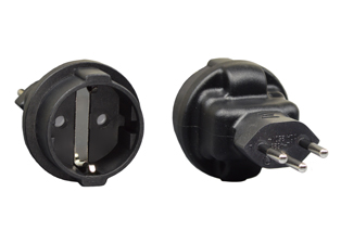 SWISS 10A-250V PLUG ADAPTER, TYPE J (SW1-10P), INSULATED PINS, CEE 7/3 SOCKET, SHUTTERED CONTACTS, HARD DUTY, IMPACT RESISTANT RUBBER BODY, 2 POLE-3 WIRE GROUNDING (2P+E). BLACK. 

<br><font color="yellow">Notes: </font> 
<br><font color="yellow">*</font> Connects European Schuko CEE 7/7, CEE 7/4, CEE 7/16 type E, F, C, plugs with Swiss (SW1-10R & SW2-16R) outlets, sockets, receptacles.
<br><font color="yellow">*</font> Scroll down to view additional related products.







 
