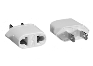 EUROPEAN / AMERICAN PLUG ADAPTER, CONNECTS EUROPEAN 2 POLE-2 WIRE PLUGS (4.0mm / 4.8mm Diameter pins) TO AMERICAN NEMA 5-15R, NEMA 5-20R, NEMA 1-15R 125 VOLT POWER  OUTLETS. WHITE.

<br><font color="yellow">Notes: </font> 
<br><font color="yellow">*</font> American / European 2 pole-3 wire grounding (2P+E) plug adapters, "Universal" European plug adapters, IEC 60320 C-13, C-14, C-19, C-20 plug adapters are listed below in related products. Scroll down to view.


 
 