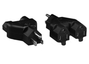 ADAPTER (NEMA 5-15P / NEMA 5-15R SPLITTER), 15 AMPERE-125 VOLT, NEMA 5-15P PLUG, TWO NEMA 5-15R OUTLETS, 2 POLE-3 WIRE GROUNDING (2P+E). BLACK. 

<br><font color="yellow">Notes: </font> 
<br><font color="yellow">*</font> NEMA 5-15P plug connects with NEMA 5-15R and MENA 5-20R outlets.
<br><font color="yellow">*</font> IEC 60320 C-13, C-14, C-15, C-5, C-7,  C-19, C-20, plug adapters, splitters, European adapters are listed below in related products. Scroll down to view.
