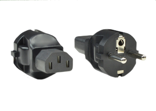 ADAPTER, EUROPEAN SCHUKO CEE 7/7 TYPE E & F PLUG (EU1-16P), IEC 60320 C-13 CONNECTOR, 10 AMPERE-250 VOLT, 2 POLE-3 WIRE GROUNDING (2P+E), IMPACT RESISTANT RUBBER BODY. BLACK.  

<br><font color="yellow">Notes: </font> 
<br><font color="yellow">*</font> Connects IEC 60320 C-14 power cords & C-14 "Y" type splitter cords with European Schuko CEE 7/7, CEE 7/4 & France CEE 7/5 type E & F outlets. Scroll down to view.
