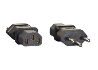 ADAPTER, SWISS PLUG, IEC 60320 C-13 CONNECTOR, 10 AMPERE-250 VOLT, 2 POLE-3 WIRE GROUNDING (2P+E), IMPACT RESISTANT RUBBER BODY. BLACK.

<br><font color="yellow">Notes: </font> 
<br><font color="yellow">*</font> Mates IEC 60320 C-14 power cords to Swiss outlets.
