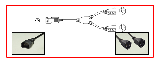 ADAPTER [SPLITTER CORD], IEC 60320 C-14 PLUG, TWO NEMA 5-15R CONNECTORS. 13 AMPERE-125 VOLT, 16/3 AWG SJT, 0.36 METERS [1FT-2IN] [14"] LONG, 2 POLE-3 WIRE GROUNDING [2P+E], BLACK.
<br><font color="yellow">Length: 0.36 METERS [1FT-2IN]</font> 

<br><font color="yellow">Notes: </font> 
<br><font color="yellow">*</font> "Y" type splitter adapters, IEC 60320 C13, C14, C15, C5, C7, C19, C20 plug adapters & European C14, C20 adapters are listed below in related products. Scroll down to view.

