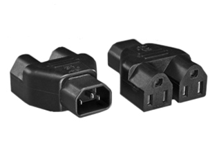 ADAPTER (SPLITTER), IEC 60320 C-14 PLUG, TWO NEMA 5-15R CONNECTORS. MATES TWO NEMA 5-15P PLUGS OR POWER CORDS WITH IEC 60320 C-13 CONNECTOR, 10 AMPERE-125 VOLT, 2 POLE-3 WIRE GROUNDING (2P+E). BLACK. 

<br><font color="yellow">Notes: </font> 
<br><font color="yellow">*</font> "Y" type splitter adapters, IEC 60320 C-13, C-14, C-15, C-5, C-7, C-19, C-20 plug adapters & European C-14, C-20 adapters are listed below in related products. Scroll down to view.

