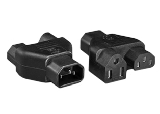 ADAPTER (SPLITTER), IEC 60320 C-14 PLUG, NEMA 5-15R CONNECTOR & IEC 60320 C-13 CONNECTOR. CONNECTS NEMA 5-15P PLUGS & IEC 60320 C-14 PLUGS WITH IEC 60320 C-13 CONNECTORS, 10 AMPERE-125 VOLT, 2 POLE-3 WIRE GROUNDING (2P+E). BLACK. 

<br><font color="yellow">Notes: </font> 
<br><font color="yellow">*</font> "Y" type splitter adapters, IEC 60320 C-13, C-14, C-15, C-5, C-7, C-19, C-20 plug adapters & European C-14, C-20 adapters are listed below in related products. Scroll down to view.

