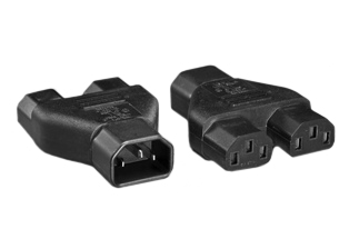 ADAPTER (SPLITTER), IEC 60320 C-14 PLUG, TWO C-13 CONNECTORS. MATES ONE IEC 60320 C-13 CONNECTOR WITH TWO C-14 PLUGS, 10 AMPERE-125 VOLT, 2 POLE-3 WIRE GROUNDING (2P+E). BLACK. 

<br><font color="yellow">Notes: </font> 
<br><font color="yellow">*</font> "Y" type splitter adapters, IEC 60320 C-13, C-14, C-15, C-5, C-7, C-19, C-20 plug adapters & European C-14, C-20 adapters are listed below in related products. Scroll down to view.

