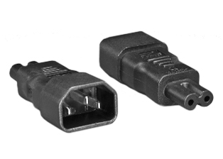 ADAPTER, IEC 60320 C-14 PLUG, IEC 60320 C-7 CONNECTOR. MATES IEC 60320 C-13 / C-15 CONNECTORS WITH IEC 60320 C-8 POWER INLETS, 10 AMPERE-250 VOLT. BLACK. 

<br><font color="yellow">Notes: </font> 
<br><font color="yellow">*</font> "Y" type splitter adapters, IEC 60320 C-13, C-14, C-15, C-5, C-7, C-19, C-20 plug adapters & European C-14, C-20 adapters are listed below in related products. Scroll down to view.