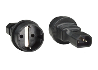 ADAPTER, 10 AMPERE-250 VOLT, IEC 60320 C-14 PLUG, EUROPEAN CEE 7/3 (EU1-16R) "SCHUKO" SOCKET, 2 POLE-3 WIRE GROUNDING. BLACK.

<br><font color="yellow">Notes: </font> 
<br><font color="yellow">*</font> Connects IEC 60320 C-13 outlets, sockets, connectors, power cords with European "Schuko" CEE 7/7, CEE 7/4, CEE 7/16 plugs.