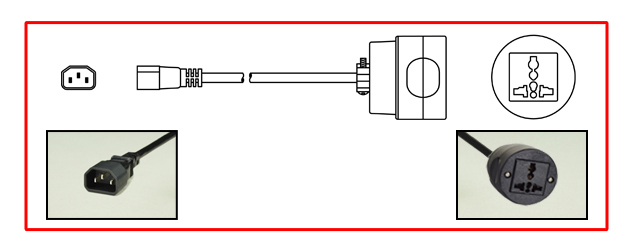 UNIVERSAL IEC 60320 C-14 PLUG ADAPTER, 15 AMPERE 250 VOLT MULTI-CONFIGURATION EUROPEAN, BRITISH, INTERNATIONAL IN-LINE CONNECTOR <font color="yellow">**</font>, 2 POLE-3 WIRE GROUNDING (2P+E), 0.3 METERS (1 FOOT) (12") LONG. BLACK.
<br><font color="yellow">Length: 0.3 METERS (1 FOOT)</font> 

<br><font color="yellow">Notes:</font>
<br><font color="yellow">*</font> Connects European <font color="yellow">**</font> British, International plugs with IEC 60320 C-13 outlets, sockets, cord sets.
<br><font color="yellow">*</font> Adapter <font color="yellow">**</font> # 30140-BLK available. Provides "Earth" connection when in-line connector is used with CEE 7/4, 7/7 Schuko plugs.
<br><font color="yellow">*</font><font color="yellow">*</font> Scroll down to view related product groups including similar adapters or select from Adapter Links and Transformer Links.
<br><font color="yellow">*</font> Adapter Links:  
<font color="yellow">-</font> <a href="https://www.internationalconfig.com/plug_adapt.asp" style="text-decoration: none">Country Specific Adapters</a> <font color="yellow">-</font> <a href="https://www.internationalconfig.com/universal_plug_adapters_multi_configuration_electrical_adapters.asp" style="text-decoration: none">Universal Adapters</a> <font color="yellow">-</font> <a href="https://www.internationalconfig.com/icc5.asp?productgroup=%27Plug%20Adapters%2C%20International%27" style="text-decoration: none">Entire List of Adapters</a> <font color="yellow">-</font> <a href="https://www.internationalconfig.com/Electrical_Adapters_C13_C14_C19_C20_C15_C7_C5_C21_60309_and_Electrical_Adapter_Power_Cords.asp" style="text-decoration: none">IEC 60320 Adapters</a> <font color="yellow">-</font><BR> <a href="https://www.internationalconfig.com/icc6.asp?item=IEC60320-Power-Cord-Splitters" style="text-decoration: none">IEC 60320 Splitter Adapters </a> <font color="yellow">-</font> <a href="https://www.internationalconfig.com/icc6.asp?item=IEC60320-Power-Cord-Splitters" style="text-decoration: none">NEMA Splitter Adapters </a> <font color="yellow">-</font> <a href="https://www.internationalconfig.com/icc6.asp?item=888-2126-ADPU" style="text-decoration: none">IEC 60309 Adapters</a> <font color="yellow">-</font> <a href="https://www.internationalconfig.com/cordhelp.asp" style="text-decoration: none">Worldwide and IEC Power Cord Selector</a>.
<br><font color="yellow">*</font> Transformer Links: <font color="yellow">-</font> <a href="https://www.internationalconfig.com/icc6.asp?item=Transformers" style="text-decoration: none">Step-Up, Step-Down Transformers & Voltage Converters </a>.