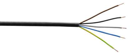 <font color="yellow">Cordage: SJTO (13 AWG) / H05VV-F (2.5mm�)</font>
<br>
"UNIVERSAL" UL, CSA, "HAR" SJTO / H05VV-F CORDAGE, 5 CONDUCTORS, 14AWG (13AWG) (2.5mm�), STRANDING (CLASS 5 FINE WIRE), "HAR" 500 VOLT, UL/CSA 300 VOLT, TEST VOLTAGE 2000V, UV RESISTANT, OIL RESISTANT (I/II) PVC JACKET, PVC INSULATED CONDUCTORS (BLUE, BROWN, BLACK, GRAY, GREEN/YELLOW), NOMINAL JACKET O.D. = 0.496" (12.6mm), UL TEMP. RATING = -25�C TO +90�C, "HAR" TEMP. RATING = -30�C TO +70�C. BLACK.