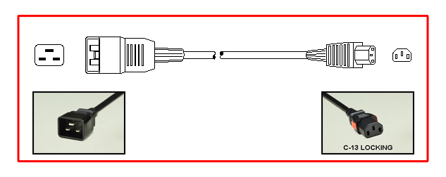 <font color="red">LOCKING</font> IEC 60320 C-13, C-20 15A-250V POWER CORD, C(UL)US APPROVED, IEC 60320 <font color="RED"> LOCKING C-13 CONNECTOR</font>, IEC 60320 C-20 PLUG, 14/3 AWG SJT 105°C, 2 POLE-3 WIRE GROUNDING (2P+E), 3.66 METERS (12 FEET) (144") LONG. BLACK. 
<br><font color="yellow">Length: 3.66 METERS (12 FEET)</font> 

<br><font color="yellow">Notes: </font> 
<br><font color="yellow">*</font> Locking C13 connector designed to securely lock onto all C14 inlets, C14 plugs, C14 power cords.
<br><font color="yellow">*</font> IEC 60320 C13 connector locks onto C14 power inlets or C14 plugs. (<font color="red"> Red color (slide release latch) unlocks the C13 connector.</font>)
<br><font color="yellow">*</font> IEC 60320 C13, C14 locking power cords, locking PDU outlet strips, locking C13, C19 outlets are listed below in related products. Scroll down to view.