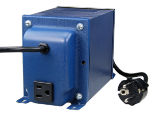 EUROPEAN VOLTAGE STEP-DOWN TRANSFORMER, 150 WATTS(VA), 50/60 HERTZ WITH NEMA 5-15R OUTLET, 2.0 METER LONG POWER SUPPLY CORD WITH "SCHUKO" CEE 7/7 EU1-16P PLUG. TRANSFORMER COLOR BLUE, POWER CORD AND PLUG BLACK.

<br><font color="yellow">Notes: </font> 
<br><font color="yellow">*</font> Plug adapters available that convert the line cord plug to other European/International outlets.
<br><font color="yellow">*</font> Auto transformers change voltage levels and not frequency from 50 to 60 cycle (hertz) or vice versa. Appliances using synchronous motors should have the motor designed for the specific frequency if motor speed is critical for proper operation of the appliance or equipment.
<br><font color="yellow">*</font> NOT recommended for use with refrigerators.