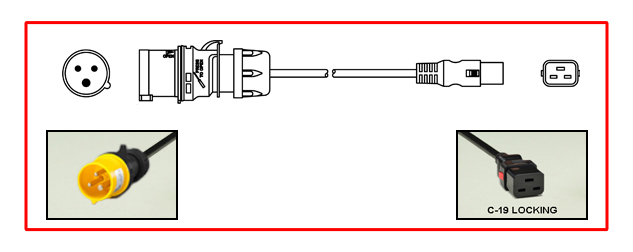 <font color="red">LOCKING</font> IEC 60309 20A-125V POWER CORD, IEC 60309 (4h) IP44 PLUG, IEC 60320 <font color="RED"> LOCKING C-19 CONNECTOR</font>, 12/3 AWG SJTOW 105C CORD, 2 POLE-3 WIRE GROUNDING [2P+E], 2.5 METERS [8FT-2IN] [98"] LONG. BLACK. 
<br><font color="yellow">Length: 2.5 METERS [8FT-2IN]</font>

<br><font color="yellow">Notes: </font> 
<br><font color="yellow">*</font> Locking C19 connector designed to securely lock onto all C20 inlets, C20 plugs, C20 power cords.
<br><font color="yellow">*</font><font color="orange"> Custom lengths / designs available.</font>
<br><font color="yellow">*</font> IEC 60320 C19 connector locks onto C20 power inlets or C20 plugs. (<font color="red"> Red color (slide release hatch) unlocks the C19 connector.</font>)
<br><font color="yellow">*</font> <font color="red"> Locking</font> European, British, UK, Australian, International and America / Canada NEMA 5-15P, 5-20P, 6-15P, 6-20P, L5-15P, L6-15P, L5-20P, L6-20P, L5-30P, L6-30P, IEC 60309 (6h), IEC 60320 C19, IEC 60320 C13 locking power cords are listed below in related products. Scroll down to view.