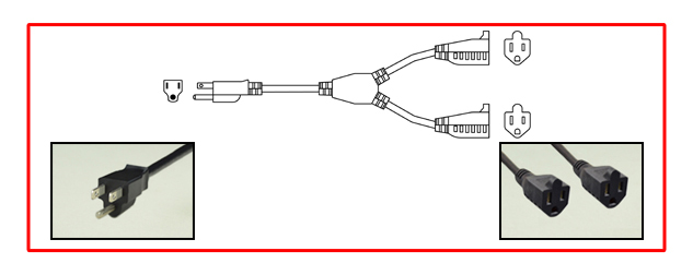 AMERICAN EXTENSION CORD "SPLITTER", 14 INCHES LONG, 13 AMPERE 125 VOLT (1625 WATTS), 16/3 AWG, SJT, 60°C, TYPE B NEMA 5-15P PLUG, TWO NEMA 5-15R CONNECTORS, 2 POLE-3 WIRE GROUNDING (2P+E). BLACK.
<br><font color="yellow">Length: 0.36 METERS (1FT-2IN)</font>