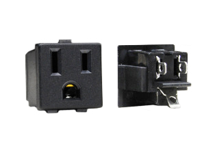 15 AMPERE-125 VOLT (NEMA 5-15R) SNAP-IN POWER OUTLET, 2 POLE-3 WIRE GROUNDING, 4.8 x 0.6 mm (0.189" x 0.024") SOLDER TERMINALS, NYLON BODY, BLACK.