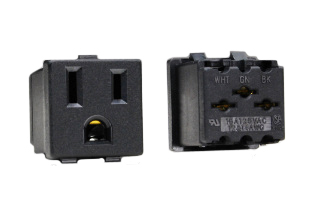 15 AMPERE-125 VOLT (NEMA 5-15R) SNAP-IN POWER OUTLET, 2 POLE-3 WIRE GROUNDING, "V" SLOT" INSULATION DISPLACEMENT TERMINALS (14 AWG OR 12 AWG SOLID CONDUCTOR ONLY), NYLON BODY. BLACK. 