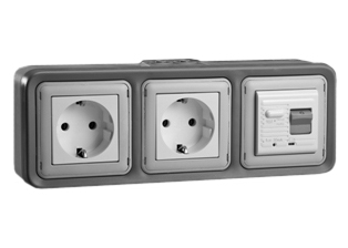 EUROPEAN SCHUKO 16 AMPERE-230 VOLT CEE 7/3 <font color="yellow">GFCI (RCBO/RCD)</font> DUPLEX OUTLET, TYPE F (EU1-16R, 50/60 Hz, <font color="yellow">(10mA TRIP)</font>, HORIZONTAL SURFACE MOUNT, IP20 RATED, GLAND CABLE ENTRY, 2 POLE-3 WIRE GROUNDING (2P+E). GRAY.  

<BR><font color="yellow">Notes:</font>
<BR><font color="yellow">*</font> Downstream outlets can be protected. Use on single phase 230 volt circuits only.
<BR><font color="yellow">*</font> Latched RCD, No reset after power failure. RCBO (single pole + neutral) provides over current protection.
<BR><font color="yellow">*</font> Screw terminal torque = 0.08Nm. Operating temp. = -5�C to +40�C. 
<BR><font color="yellow">*</font> Weatherproof IP66, IP55 rated outlets listed below. Scroll down to view.
<BR><font color="yellow">*</font> Not for use on life support, medical equipment, refrigeration equipment.  
<BR><font color="yellow">*</font> GFCI (RCBO/RCD) outlets are available for all countries. Contact us.  

