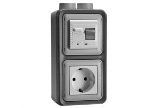 EUROPEAN "SCHUKO" 16 AMPERE-230 VOLT CEE 7/3 <font color="yellow">GFCI (RCBO/RCD)</font> OUTLET, TYPE F (EU1-16R), 50/60 Hz, <font color="yellow">(10mA TRIP)</font>, VERTICAL SURFACE MOUNT, IP20 RATED, M20 CABLE ENTRY HUBS (**), 2 POLE-3 WIRE GROUNDING (2P+E). GRAY.
  
<BR><font color="yellow">Notes:</font>
<BR><font color="yellow">**</font> M20 adapter #01614 available. Converts M20 to 1/2 inch National Pipe Thread (NPT). 
<BR><font color="yellow">*</font> Downstream outlets can be protected. Use on single phase 230 volt circuits only.
<BR><font color="yellow">*</font> Latched RCD, No reset after power failure. RCBO (single pole + neutral) provides over current protection.
<BR><font color="yellow">*</font> Screw terminal torque = 0.08Nm. Operating temp. = -5�C to +40�C. 
<BR><font color="yellow">*</font> Weatherproof IP66, IP55 rated outlets listed below. Scroll down to view.
<BR><font color="yellow">*</font> Not for use on life support, medical equipment, refrigeration equipment.  
<BR><font color="yellow">*</font> GFCI (RCBO/RCD) outlets are available for all countries. Contact us.   


