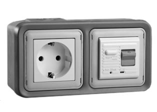 EUROPEAN SCHUKO 16 AMPERE-230 VOLT CEE 7/3 <font color="yellow">GFCI (RCBO/RCD)</font> OUTLET, TYPE F (EU1-16R), 50/60 Hz, <font color="yellow">(30mA TRIP)</font>, HORIZONTAL SURFACE MOUNT, IP20 RATED, GLAND CABLE ENTRY, 2 POLE-3 WIRE GROUNDING (2P+E). GRAY.  

<BR><font color="yellow">Notes:</font>
<BR><font color="yellow">*</font> Downstream outlets can be protected. Use on single phase 230 volt circuits only.
<BR><font color="yellow">*</font> Latched RCD, No reset after power failure. RCBO (single pole + neutral) provides over current protection.
<BR><font color="yellow">*</font> Screw terminal torque = 0.08Nm. Operating temp. = -5�C to +40�C. 
<BR><font color="yellow">*</font> Weatherproof IP66, IP55 rated outlets listed below. Scroll down to view.
<BR><font color="yellow">*</font> Not for use on life support, medical equipment, refrigeration equipment.  
<BR><font color="yellow">*</font> GFCI (RCBO/RCD) outlets are available for all countries. Contact us.  
