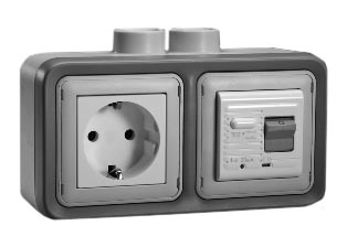 EUROPEAN "SCHUKO" 16 AMPERE-230 VOLT CEE 7/3 <font color="yellow">GFCI (RCBO/RCD)</font> OUTLET, TYPE F (EU1-16R), 50/60 Hz, <font color="yellow">(30mA TRIP)</font>, HORIZONTAL SURFACE MOUNT, IP20 RATED, M20 CABLE ENTRY HUBS (**), 2 POLE-3 WIRE GROUNDING (2P+E). GRAY.  

<BR><font color="yellow">Notes:</font>
<BR><font color="yellow">**</font> M20 adapter #01614 available. Converts M20 to 1/2 inch National Pipe Thread (NPT). 
<BR><font color="yellow">*</font> Downstream outlets can be protected. Use on single phase 230 volt circuits only.
<BR><font color="yellow">*</font> Latched RCD, No reset after power failure. RCBO (single pole + neutral) provides over current protection.
<BR><font color="yellow">*</font> Screw terminal torque = 0.08Nm. Operating temp. = -5�C to +40�C. 
<BR><font color="yellow">*</font> Weatherproof IP66, IP55 rated outlets listed below. Scroll down to view.
<BR><font color="yellow">*</font> Not for use on life support, medical equipment, refrigeration equipment.  
<BR><font color="yellow">*</font> GFCI (RCBO/RCD) outlets are available for all countries. Contact us.   
