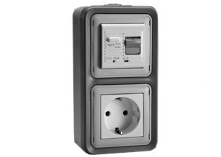 EUROPEAN "SCHUKO" 16 AMPERE-230 VOLT CEE 7/3 <font color="yellow">GFCI (RCBO/RCD)</font> (EU1-16R) OUTLET, 50/60 Hz, <font color="yellow">(30mA TRIP)</font>, VERTICAL SURFACE MOUNT, IP20 RATED, GLAND CABLE ENTRY, 2 POLE-3 WIRE GROUNDING (2P+E). GRAY.  

<BR><font color="yellow">Notes:</font>
<BR><font color="yellow">*</font> Downstream outlets can be protected. Use on single phase 230 volt circuits only.
<BR><font color="yellow">*</font> Latched RCD, No reset after power failure. RCBO (single pole + neutral) provides over current protection.
<BR><font color="yellow">*</font> Screw terminal torque = 0.08Nm. Operating temp. = -5�C to +40�C. 
<BR><font color="yellow">*</font> Weatherproof IP66, IP55 rated outlets listed below. Scroll down to view.
<BR><font color="yellow">*</font> Not for use on life support, medical equipment, refrigeration equipment.  
<BR><font color="yellow">*</font> GFCI (RCBO/RCD) outlets are available for all countries. Contact us. 
