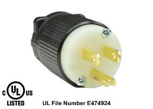 15 AMPERE-125 VOLT (NEMA 5-15P) PLUG, TYPE B, IMPACT RESISTANT NYLON BODY, 2 POLE-3 WIRE GROUNDING (2P+E), SPECIFICATION GRADE. BLACK / WHITE. 

<br><font color="yellow">Notes: </font> 
<br><font color="yellow">*</font> Terminals accept 18/3, 16/3, 14/3, 12/3 AWG size conductors. Strain relief (cord grip range) = 0.300-0.650" dia.
<br><font color="yellow">*</font> Screw torque: Terminal screws = 12 in. lbs., Strain relief / assembly screws = 8-10 in. lbs.
<br><font color="yellow">*</font> Temp. range = -40�C to +75�C.
<br><font color="yellow">*</font> Plugs, connectors, receptacles, power cords, power strips, weatherproof outlets are listed below in related products. Scroll down to view.
 