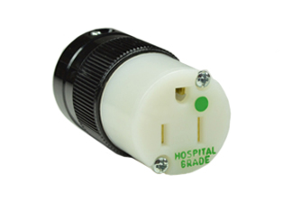 15A-125V HOSPITAL GRADE CONNECTOR, TYPE B, GREEN DOT NEMA 5-15R, POWER CORD DUST / MOISTURE SHIELD, IMPACT RESISTANT NYLON BODY, 2 POLE-3 WIRE GROUNDING (2P+E), TERMINALS ACCEPT 10/3, 12/3, 14/3, 16/3, 18/3 AWG CONDUCTORS, 0.300-0.655" CORD GRIP RANGE. BLACK/WHITE. UL / CSA LISTED.

<br><font color="yellow">Notes: </font> 
<br><font color="yellow">*</font> Screw torque: Terminal screws = 12 in. lbs., Strain relief / assembly screws = 8-10 in. lbs.
<br><font color="yellow">*</font> Plugs, connectors, receptacles, power cords, power strips, weatherproof outlets are listed below in related products. Scroll down to view.



 