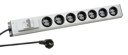 EUROPEAN 16 AMPERE 250 VOLT CEE 7/3 SCHUKO (EU1-16R) 7 OUTLET PDU POWER STRIP, DOUBLE POLE CIRCUIT BREAKER, 2 POLE-3 WIRE GROUNDING (2P+E), 3.0 METER (9FT-10IN) CORD. GRAY.