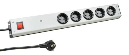 EUROPEAN 10 AMPERE-250 VOLT CEE 7/3 "SCHUKO" (EU1-16R) 5 OUTLET PDU POWER STRIP, SHUTTERED CONTACTS, SURGE SUPPRESSION, FILTER, FUSED 10 AMPERE, ON/OFF ILLUMINATED SWITCH, 2 POLE-3 WIRE GROUNDING (2P+E), 3.05 METER (10 FOOT) CORD. BLACK BASE / SILVER GRAY COVER.