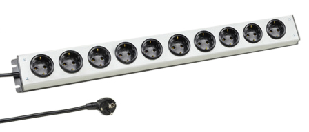 EUROPEAN GERMAN SCHUKO, 16 AMPERE-250 VOLT CEE 7/3 (EU1-16R) 10 OUTLET PDU POWER STRIP, SHUTTERED CONTACTS, 2 POLE-3 WIRE GROUNDING (2P+E), 3.0 METER (9FT-10IN) CORD, CEE 7/7 (EU1-16P) ANGLE PLUG. BLACK BASE/GRAY COVER. 

<br><font color="yellow">Notes: </font> 
<br><font color="yellow">*</font> European Schuko plugs, outlets, power cords, connectors, outlet strips, GFCI sockets listed below in related products. Scroll down to view.