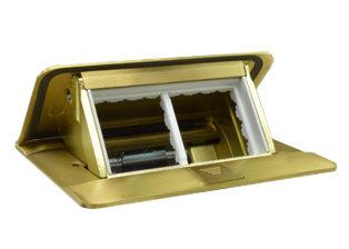 POP-UP FLOOR BOX WITH COVER, RATED IP40 (COVER CLOSED) (IP30 COVER OPEN), IK 07 IMPACT RESISTANT. FLUSH MOUNTS IN FLOORS, RAISED ACCESS FLOORS, COUNTERS, TABLES AND DESK TOPS. ACCEPTS 45mmX45mm AND 22.5mmX45mm SIZE MODULAR OUTLETS, SWITCHES AND RELATED MODULAR DEVICES. SOLID BRASS, BRUSHED FINISH.

<br><font color="yellow">Notes: </font> 
<br><font color="yellow">*</font> Pop-Up floor box cover requires steel box #54001X45 when used on concrete floors. Requires adapter kit #54006X45 when used in raised floors or counters and desk tops. Adapter kit #54006X45 includes mounting frame, insulated terminal cover and cable strain relief. Installation guide included.
<br><font color="yellow">*</font> IMPORTANT: Install British, UK, India, South Africa, China power outlets "Horizontally only". Install all other power outlets "Horizontally" when being used with "down angle or angled" type mating plugs or power cords. This allows the power cord plug and cord to clear (exit) the left side and right side of the floor box frame and cover.
<br><font color="yellow">*</font> Scroll down to view floor box mating outlets, sockets, switches and modular devices.