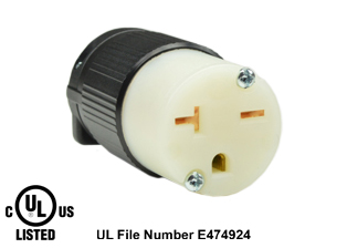 20 AMPERE-250 VOLT NEMA 6-20R CONNECTOR, IMPACT RESISTANT NYLON BODY, 2 POLE-3 WIRE GROUNDING (2P+E), SPECIFICATION GRADE. BLACK / WHITE.

<br><font color="yellow">Notes: </font> 
<br><font color="yellow">*</font> Terminals accept 18/3, 16/3, 14/3, 12/3 AWG size conductors. Strain relief (cord grip range) = 0.300-0.650" dia.
<br><font color="yellow">*</font> NEMA 6-20P (20A-250V) & NEMA 6-15P (15A-250V) plugs, power cords connect with NEMA 6-20R (20A-250V) connectors, receptacles, outlets.
<br><font color="yellow">*</font> Screw torque: Terminal screws = 12 in. lbs., Strain relief / assembly screws = 8-10 in. lbs.
<br><font color="yellow">*</font> Temp. range = -40C to +75C.
<br><font color="yellow">*</font> Plugs, connectors, receptacles, power cords, power strips, weatherproof outlets are listed below in related products. Scroll down to view.