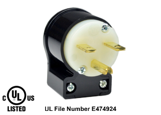 15 AMPERE-250 VOLT (NEMA 6-15P) ANGLE PLUG, IMPACT RESISTANT NYLON BODY, 2 POLE-3 WIRE GROUNDING (2P+E), SPECIFICATION GRADE. BLACK / WHITE. 

<br><font color="yellow">Notes: </font> 
<br><font color="yellow">*</font> Terminals accept 18/3, 16/3, 14/3, 12/3 AWG size conductors. Strain relief (cord grip range) = 0.300-0.650" dia.
<br><font color="yellow">*</font> Temp. range = -40�C to +75�C.
<br><font color="yellow">*</font> Plug cover design allows power cord to exit at 8 different angles. View "Dimensional Data Sheet" below for details.
<br><font color="yellow">*</font> NEMA 6-15P plugs connect with NEMA 6-15R (15A-250V) & NEMA 6-20R (20A-250V) receptacles, connectors, outlets.
<br><font color="yellow">*</font> Plugs, receptacles, outlets, power strips, connectors, inlets, power cords, weatherproof outlets, plug adapters are listed below in related products. Scroll down to view.
