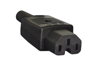 15A-250V, IEC 60320 C-15 CONNECTOR, 2 POLE-3 WIRE GROUNDING (2P+E), TERMINALS ACCEPTS 18 AWG-16 AWG CONDUCTORS. STRAIN RELIEF ACCEPTS 8.7 mm (0.343") DIA. CORD. BLACK.

<br><font color="yellow">Notes: </font> 
<br><font color="yellow">*</font> Operating temp. = -25C to +85C.
<br><font color="yellow">*</font> Terminal torque = 0.8Nm, Cover/strain relief = 0.4Nm.
<br><font color="yellow">*</font> Material = Thermoplastic, UL 94V-2.
<br><font color="yellow">*</font> Connects with C-16 power inlets.
<br><font color="yellow">*</font> Power cords, plugs, connectors, power inlets, plug adapters listed below in related products. Scroll down to view.