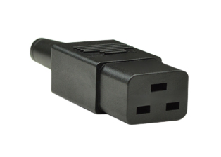 IEC 60320 C-19 CONNECTOR 21 AMPERE-250 VOLT (UL/CSA), 16 AMPERE-250 VOLT (VDE), IMPACT RESISTANT NYLON, 2 POLE-3 WIRE GROUNDING (2P+E), TERMINALS ACCEPT 14 AWG (2.1mm ) OR 12 AWG (4.0 mm) CONDUCTORS, 8-10 mm (0.315-0.394") DIA. CORDAGE, BLACK. 

<br><font color="yellow">Notes: </font> 
<br><font color="yellow">*</font>  IEC 60320 plugs, connectors, power cords, outlet strips, sockets, inlets, plug adapters are listed below in related products. Scroll down to view.
