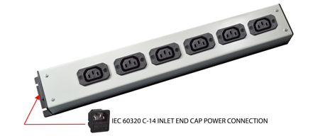 IEC 60320 C13, C14 10 AMPERE-250 VOLT 6 OUTLET PDU POWER STRIP, 2 POLE-3 WIRE GROUNDING (2P+E), <BR><font color="yellow">C14 FUSED POWER INLET IN END CAP</font>, BLACK/GRAY.

<br><font color="yellow">Notes: </font> 
<br><font color="yellow">*</font> Fused C14 power inlet accepts C13, C15 detachable power cords and rewireable C13, C15 connectors.
<br><font color="yellow">*</font> Complete range of IEC60320 C13 and C19 Power Strips. <a href="https://www.internationalconfig.com/iec-60320-power-strips-multiple-outlet-pdu-power-distribution-units.asp" style="text-decoration: none">C13 and C19 Power Strips Link</a>
<br><font color="yellow">*</font> IEC 60320 C13 C14 PDU outlet strips, detachable power cords, "Y" splitter cords, C14 plugs, C13, C15 connectors, inlets, outlets, sockets, receptacles, plug adapters are listed below in related products. Scroll down to view.
 