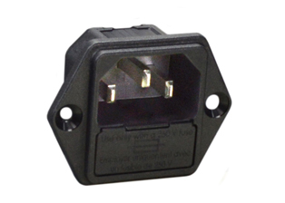 IEC 60320 C-14 POWER ENTRY MODULE, 10 AMPERE-250 VOLT, SINGLE POLE, SCREW ON PANEL MOUNT FRONT OR REAR, THERMOPLASTIC POLYAMIDE 6.6, BRASS NICKEL PLATED TERMINALS AND CONTACTS, FUSE DRAWER FOR 5 x 20 mm FUSE AND SPARE FUSE COMPARTMENT, 4.8 x 0.8 mm (0.189” x 0.032”) QUICK CONNECT Q.D TERMINALS, 2 POLE-3 WIRE GROUNDING, BLACK. "CE" MARK.