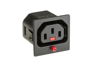 TRU-LOCK IEC 60320 <font color="red">LOCKING</font> C-13 PANEL MOUNT OUTLET, UNIVERSAL APPROVALS: C(RU)US, 15A-250V, INTERNATIONAL APPROVALS: KEMA/KEUR, ENEC 05, CCC, 10A-250V, IMPACT RESISTANT NYLON (PA66), 2 POLE-3 WIRE GROUNDING (2P+E), SNAP-IN MOUNT ON 1.5mm PANELS, 6.3 x 0.08mm (0.250 x 0.032"), QUICK CONNECT / SOLDER TERMINALS. BLACK. 

<br><font color="yellow">Notes: </font> 
<br><font color="yellow">*</font> Operating temp. = -20�C to +55�C.
<br><font color="yellow">*</font> Outlet accepts and "locks in" C-14 type plugs. Press in and hold down the <font color=Red>red Button</font> until the C-14 plug is fully seated in the C-13 locking outlet, then release the button. This procedure locks in the C-14 plug. Push in and hold down red button to unlock the C-14 plug.
<br><font color="yellow">*</font> <font color="RED"> IEC 60320 Integrated Component Locking System:</font> IEC 60320 C-13 locking PDU strips and locking power cords mated with #57320-LK outlets provides a system of integrated locking components that prevent accidental disconnects.
<br><font color="yellow">*</font> C-13, C-14 locking power cords, locking outlet strips, locking C-19 panel mount outlets are listed below in related products.
<br><font color="yellow">*</font> 57320-LK mounts into 1.5mm thick panels. Option: 57320-LKX1.0M mounts into 1.0mm thick panels.