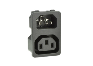 IEC 60320 10 AMPERE-250 VOLT C-13/14 COMBINATION POWER OUTLET/INLET, SNAP-IN PANEL MOUNT, THERMOPLASTIC POLYAMIDE 6.6, BRASS NICKEL PLATED TERMINALS, 4.8 x 0.8 mm (0.189" x 0.032") SOLDER TERMINALS, 2 POLE-3 WIRE GROUNDING, BLACK.