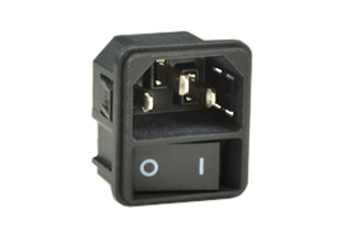 IEC 60320 C-14 POWER INLET WITH INTEGRAL SINGLE POLE (SPST) ON/OFF SWITCH, 10 AMPERE 250 VOLT, SNAP-IN MOUNT FOR 1.5 mm PANEL, 4.8 x 0.8 mm (0.189" x 0.032") QUICK CONNECT Q.D TERMINALS, THERMOPLASTIC UL 94V-O, BLACK. 