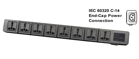 UNIVERSAL INTERNATIONAL MULTI-CONFIGURATION 8 OUTLET, 13A-250V PDU POWER STRIP, 50/60Hz, C-14 POWER INLET, SURGE PROTECTION, ILLUMINATED ON/OFF CIRCUIT BREAKER, 2 POLE-3 WIRE GROUNDING [2P+E]. BLACK.

<br><font color="yellow">Notes: </font> 
<br><font color="yellow">*</font> C-14 power inlet accepts IEC 60320 C-13, C-15 power cords, connectors.
<br><font color="yellow">*</font> Locking C-13 power cords, connectors available. Locks onto C-14 power inlet. View # 57055-LK, 98625-LK6 series.  
<br><font color="yellow">*</font> South Africa 16A-250V plug type M applications: Use # 58210, 58205-C14, 58205 power strips.
<br><font color="yellow">*</font> South Africa 16A-250V plug type N , India 5/6A-250V plug type D applications:  Use # 58206-C14, 58206-C14-USB power strips.
<br><font color="yellow">*</font> Complete range of Universal Multi Configuration Power Strips. <a href="https://www.internationalconfig.com/multi-configuration-universal-power-strips-multiple-outlet-pdu-power-distribution-units.asp" style="text-decoration: none">Universal Power Strips Link</a>
<br><font color="yellow">*</font> Power cords, plugs, outlets, connectors are listed below in related products. Scroll down to view.