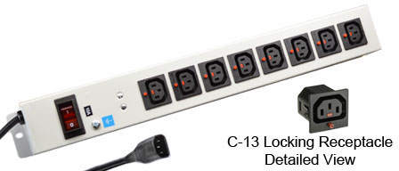 <font color="red">LOCKING </font> IEC 60320 C-13 C-14, 10 AMPERE 230 VOLT PDU POWERSTRIP, 8 IEC 60320 <font color="red">LOCKING C-13 POWER OUTLETS </font>, "19" IN. VERTICAL RACK / SURFACE MOUNT, METAL ENCLOSURE, ILLUMINATED 10 AMPERE DOUBLE POLE CIRCUIT BREAKER, 2 POLE-3 WIRE GROUNDING (2P+E), 2.0 METER (6FT-7IN) CORD WITH C-14 PLUG, GRAY.

<br><font color="yellow">Notes: </font> 
<br><font color="yellow">*</font> Press in and hold down the <font color=Red>red button</font> until the C-14 plug is fully seated in the C-13 locking outlet, then release the button. This procedure locks in the C-14 plug. Push in and hold the red button to unlock the C-14 plug.
<br><font color="yellow">*</font> </font><font color="RED"> IEC 60320 Integrated Component Locking System:</font> IEC 60320 C-13 locking power strip, locking power cords and locking power outlets (NEMA L5-15, L6-15, L5-20, L6-20, L5-30, L6-30 and IEC 60309 (6h) (4h) type) can be combined in a system wide configuration of integrated locking components that prevent accidental disconnects. Call application specialist for details.
