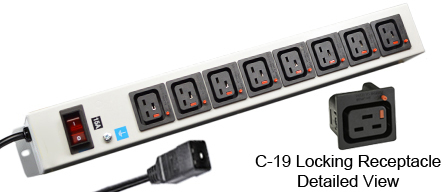 <font color="red">LOCKING </font> IEC 60320 C-19 C-20, 15 AMPERE 240 VOLT PDU POWERSTRIP, 8 IEC 60320 <font color="red">LOCKING C-19 POWER OUTLETS </font>, "19" IN. VERTICAL RACK / SURFACE MOUNT, METAL ENCLOSURE, ILLUMINATED 15 AMPERE DOUBLE POLE CIRCUIT BREAKER, 2 POLE-3 WIRE GROUNDING (2P+E), 2.0 METER (6FT-7IN) CORD WITH C-20 PLUG, GRAY.

<br><font color="yellow">Notes: </font> 
<br><font color="yellow">*</font> Press in and hold down the <font color=Red>red button</font> until the C-20 plug is fully seated in the C-19 locking outlet, then release the button. This procedure locks in the C-20 plug. Push in and hold the red button to unlock the C-20 plug.
<br><font color="yellow">*</font> <font color="RED"> IEC 60320 Integrated Component Locking System:</font> IEC 60320 C-19 locking power strip, locking power cords and locking power outlets (NEMA L5-15, L6-15, L5-20, L6-20, L5-30, L6-30 and IEC 60309 (6h) (4h) type) can be combined in a system wide configuration of integrated Locking components that prevent accidental disconnects. Call application specialist for details.
