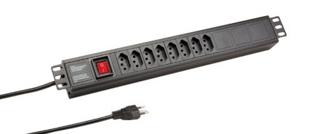 BRAZIL 10 AMPERE-250 VOLT, 50/60-HZ, NBR 14136 <font color="yellow"> TYPE N </font> (BR2-10R) 8 OUTLET PDU POWER STRIP, "19 IN." HORIZONTAL RACK MOUNT, 1.5U SIZE METAL ENCLOSURE, ILLUMINATED DOUBLE POLE SWITCH, 2 POLE-3 WIRE GROUNDING (2P+E), 3.0 METER (9FT-10IN) CORD. BLACK.

<br><font color="yellow">Notes: </font> 
<br><font color="yellow">*</font> Operating temp. = -10�C to +60�C.
<br><font color="yellow">*</font> Storage temp. = -25�C to +65�C.
<br><font color="yellow">*</font> Power strip outlets accept Brazil 10 Amp. & 2.5 Amp. plugs.
<br><font color="yellow">*</font> Brazil plugs, outlets, power cords, GFCI / RCD outlets, connectors, outlet strips, listed below in related products. Scroll down to view.