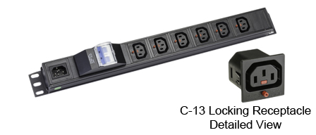 <font color="red">LOCKING </font> IEC 60320 C-13 C-14, 10A-250V PDU POWER STRIP, 6 IEC 60320 <font color="red">LOCKING C-13 POWER OUTLETS </font>, IEC 60320 C-14 POWER INLET, "19 IN." VERTICAL RACK OR SURFACE MOUNT, (1U) METAL ENCLOSURE, 10 AMP. DOUBLE POLE CIRCUIT BREAKER, 2 POLE-3 WIRE GROUNDING (2P+E). BLACK.

<br><font color="yellow">Notes: </font> 
<br><font color="yellow">*</font> Locking C13 receptacles designed to securely lock onto all C14 plugs, C14 power cords. 
<br><font color="yellow">*</font> Operating temp. = -10�C to +60�C.
<br><font color="yellow">*</font> Storage temp. = -25�C to +65�C.
<br><font color="yellow">*</font> Press in and hold down the <font color=Red>red button</font> until the C-14 plug is fully seated in the C-13 locking outlet, then release the button. This procedure locks in the C-14 plug. Push in and hold the red button to unlock the C-14 plug.
<br><font color="yellow">*</font> </font><font color="RED"> IEC 60320 Integrated Component Locking System:</font> IEC 60320 C-13 locking power strip, locking power cords and locking power outlets (NEMA L5-15, L6-15, L5-20, L6-20, L5-30, L6-30 and IEC 60309 (6h) (4h) type) can be combined in a system wide configuration of integrated locking components that prevent accidental disconnects. Call application specialist for details.
<br><font color="yellow">*</font> C-13, C-14 locking power cords, locking outlet strips are listed below in related products. Scroll down to view.


 