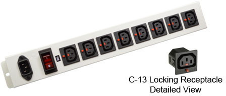 <font color="red">LOCKING </font> IEC 60320 C-13 C-14 PDU POWER STRIP, 8 IEC 60320 <font color="red">LOCKING C-13 POWER OUTLETS </font>, 10 AMPERE 230 VOLT, VERTICAL RACK / SURFACE MOUNT, METAL ENCLOSURE, ILLUMINATED 10 AMPERE DOUBLE POLE CIRCUIT BREAKER, 2 POLE-3 WIRE GROUNDING (2P+E), IEC 60320 C-14 POWER INLET, GRAY.

<br><font color="yellow">Notes: </font> 
<br><font color="yellow">*</font> Press in and hold down the <font color=Red>red button</font> until the C-14 plug is fully seated in the C-13 locking outlet, then release the button. This procedure locks in the C-14 plug. Push in and hold the red button to unlock the C-14 plug.
<br><font color="yellow">*</font> </font><font color="RED"> IEC 60320 Integrated Component Locking System:</font> IEC 60320 C-13 locking power strip, locking power cords and locking power outlets (NEMA L5-15, L6-15, L5-20, L6-20, L5-30, L6-30 and IEC 60309 (6h) (4h) type) can be combined in a system wide configuration of integrated locking components that prevent accidental disconnects. Call application specialist for details.
